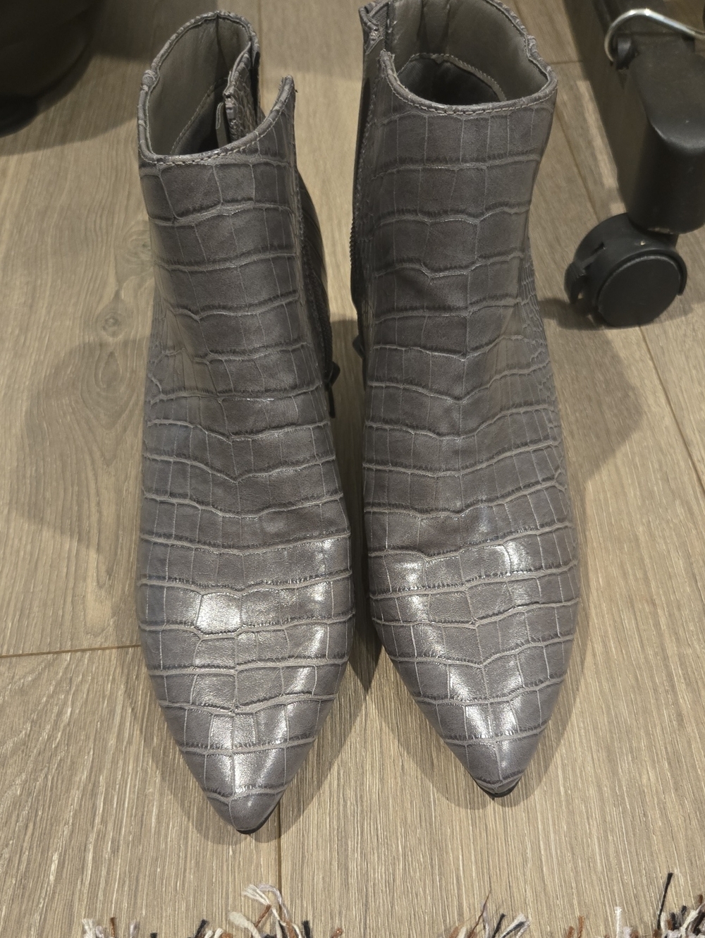 Gray Croc-Embossed Pointed Ankle Booties